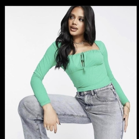 ASOS DESIGN ribbed square neck top with tie - Picture 2 of 3